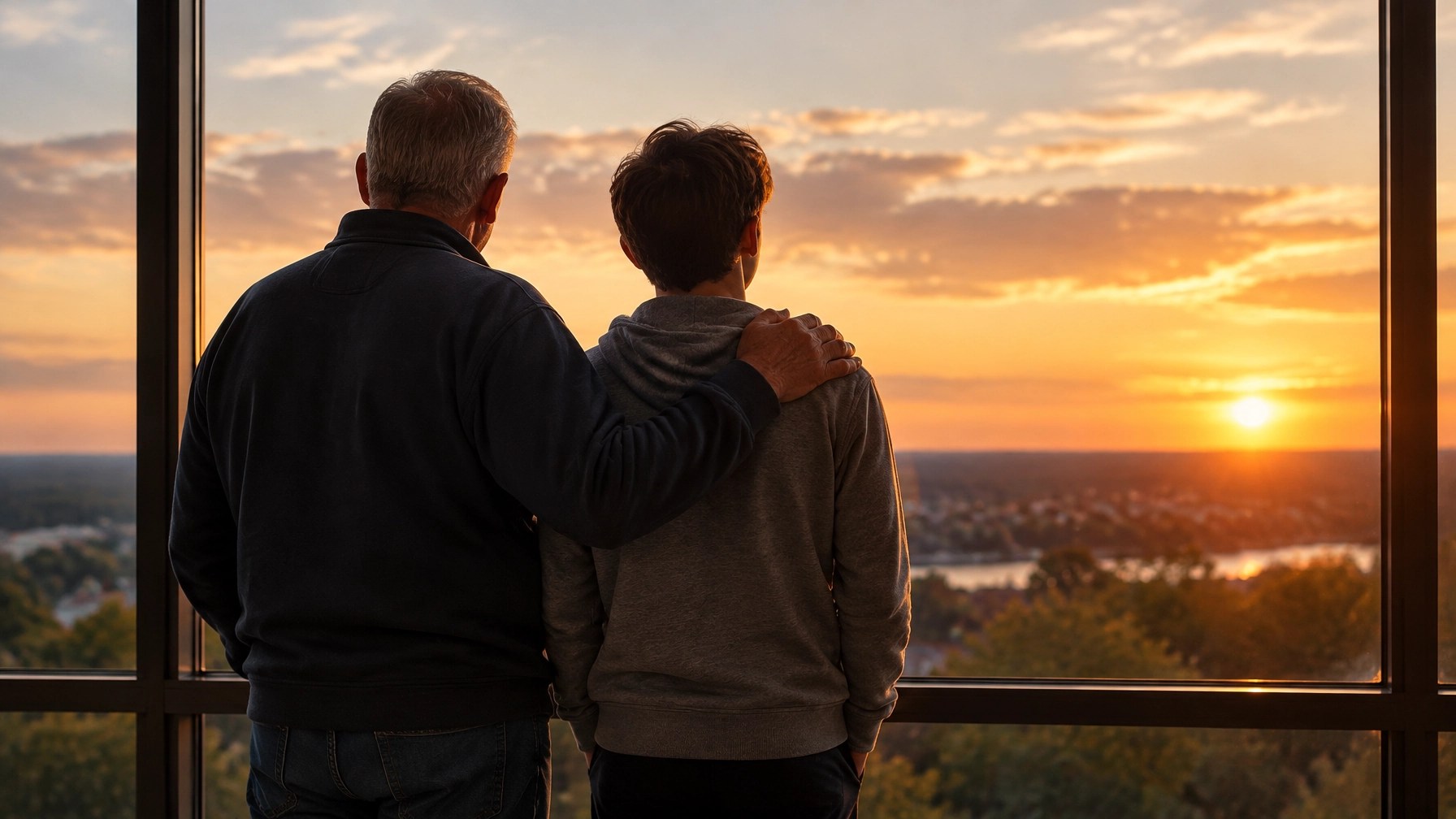 A grandfather resting his hand on his grandson's shoulder in the warm light of sunset