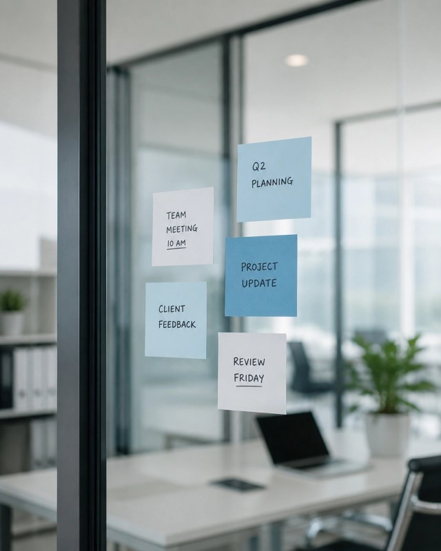 Clarity and organization represented by a clean glass office wall