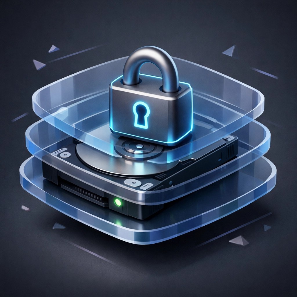 Layered data encryption and a digital padlock securing a hard drive for remote workers.