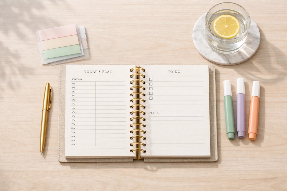 Organized workspace with a Christian planner and stationery accessories for intentional daily faith management.