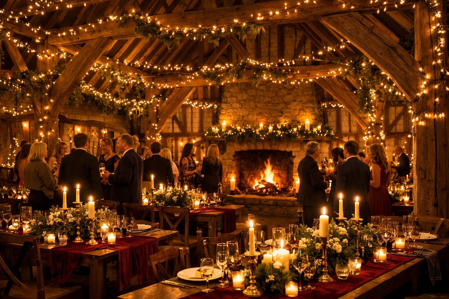 Cosy winter wedding barn venue in Kent with fairy lights and fireplace