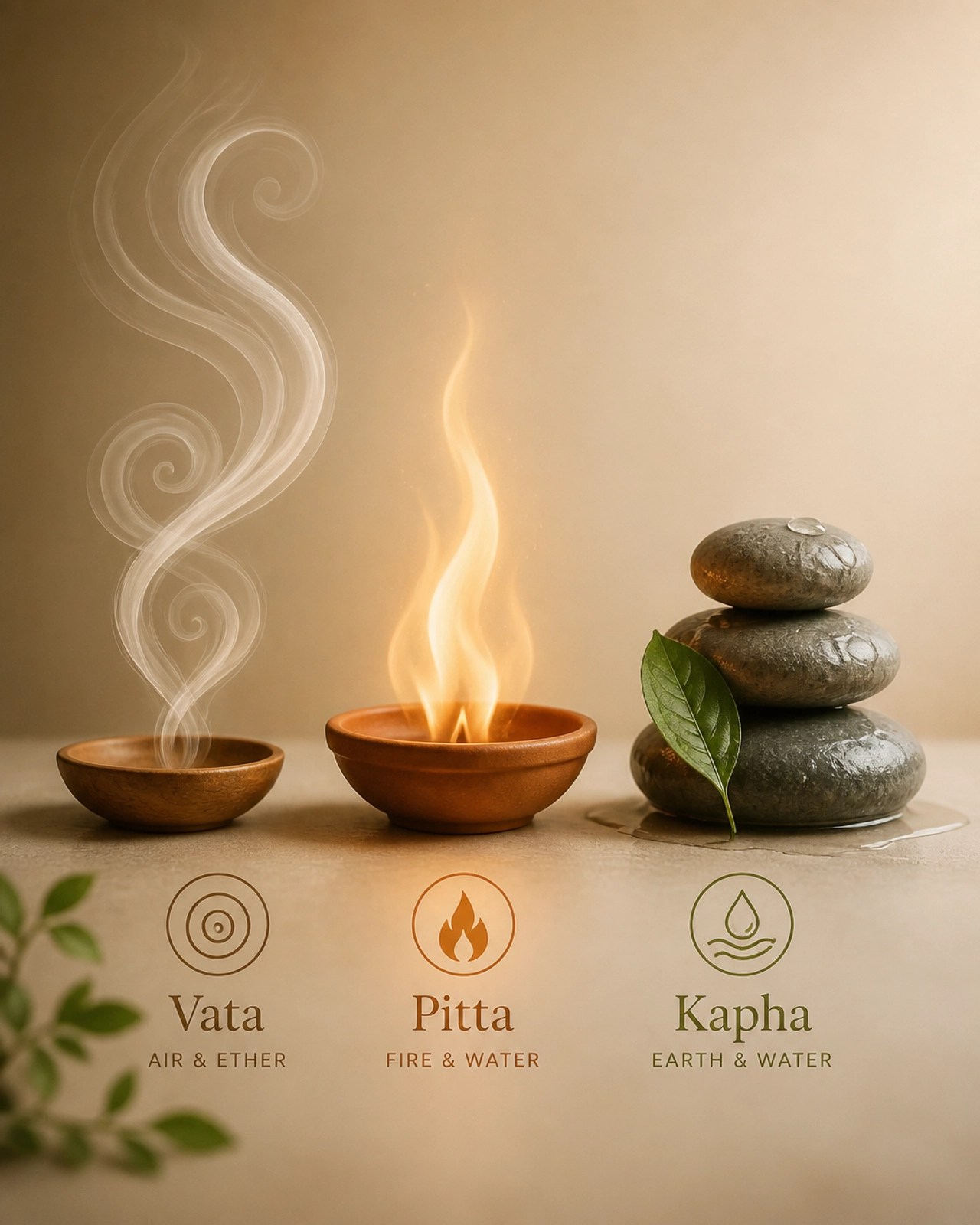 A symbolic representation of the three doshas: Vata as air, Pitta as fire, and Kapha as water and earth.