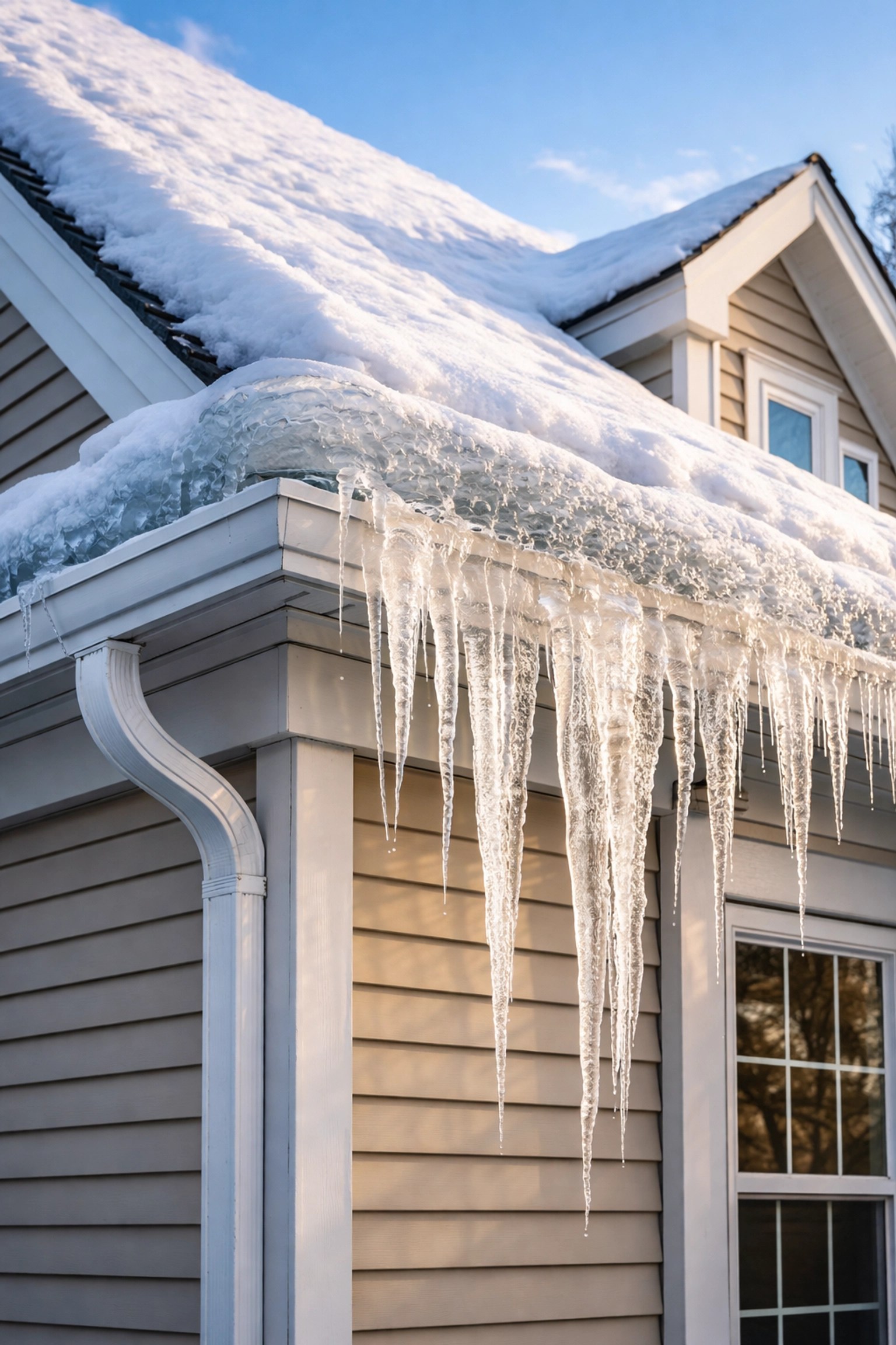 Ice dams and icicles forming on a New Jersey home roofline after a heavy snowstorm, posing winter water damage risk