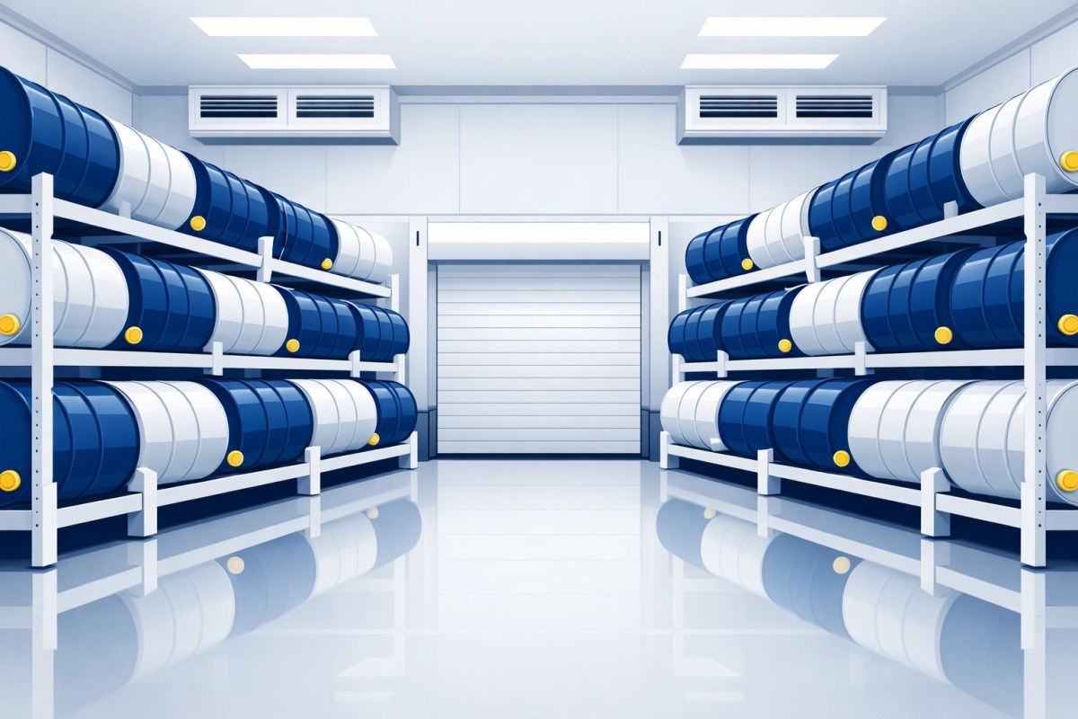 Organized warehouse showing proper horizontal 55-gallon drum storage on industrial racks.