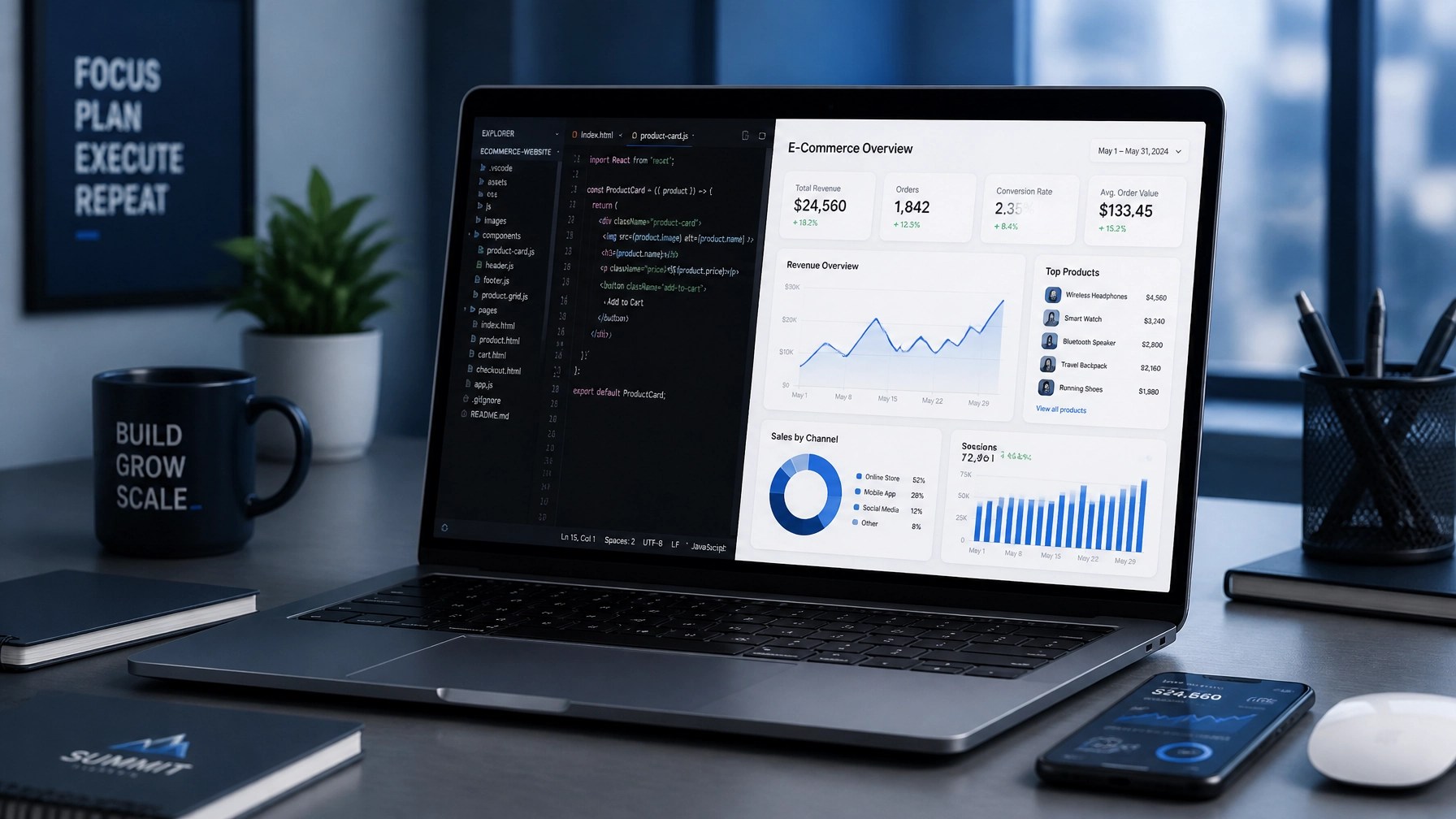 A professional digital workspace featuring a modern laptop displaying code, e-commerce analytics, and performance metrics