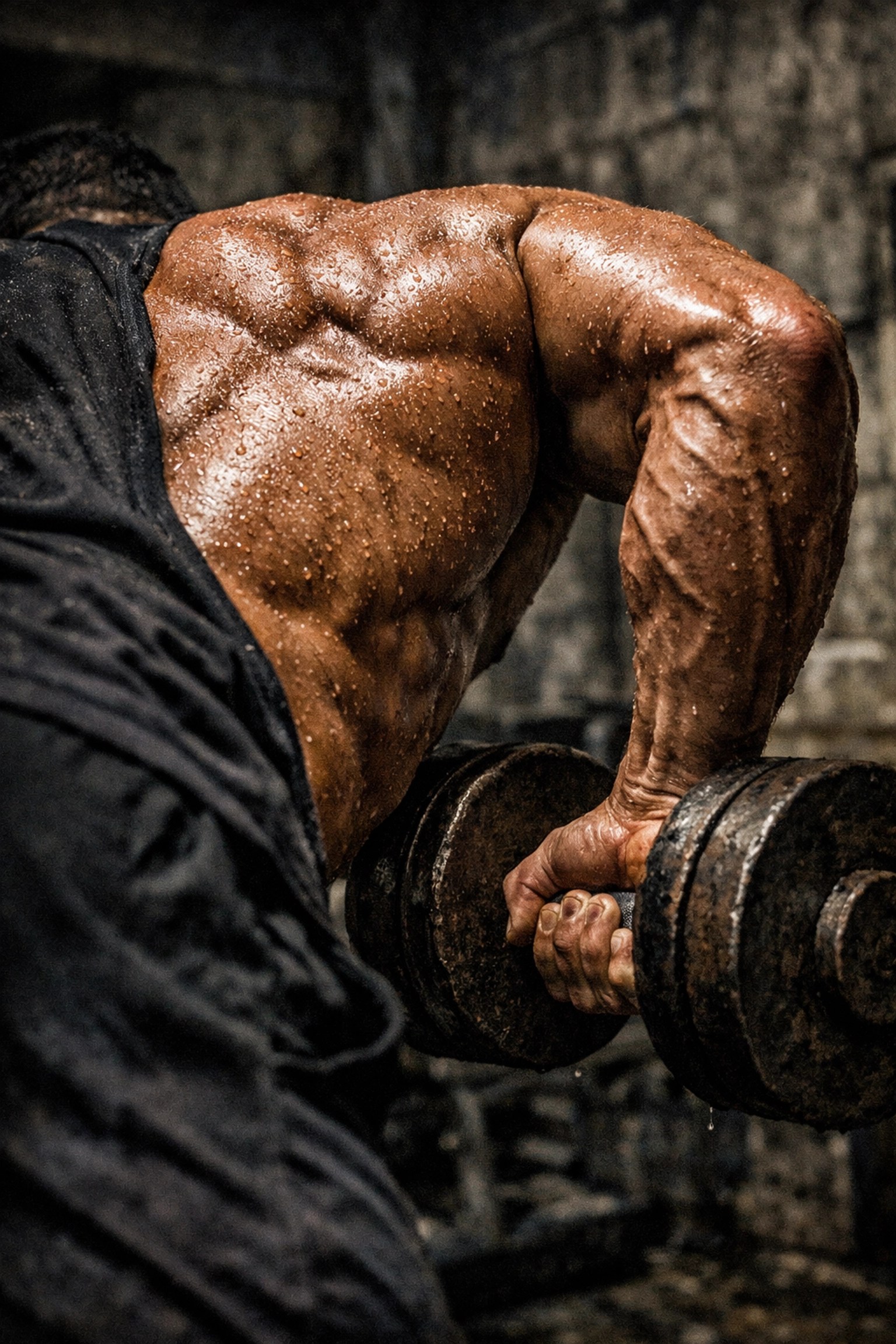 Close-up of intense lat and rhomboid activation during a one-arm dumbbell row exercise.