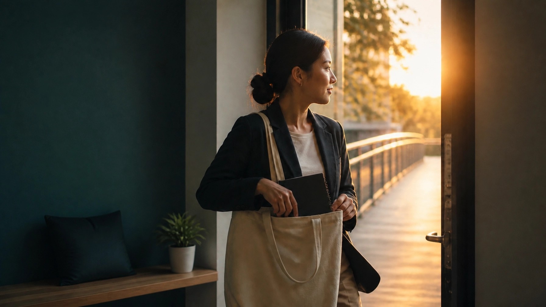 Young professional leaving work with a notebook as evening light enters through a doorway