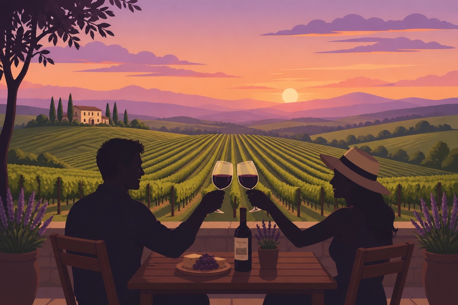 Friends toasting wine glasses at sunset overlooking a scenic Northern Virginia vineyard.