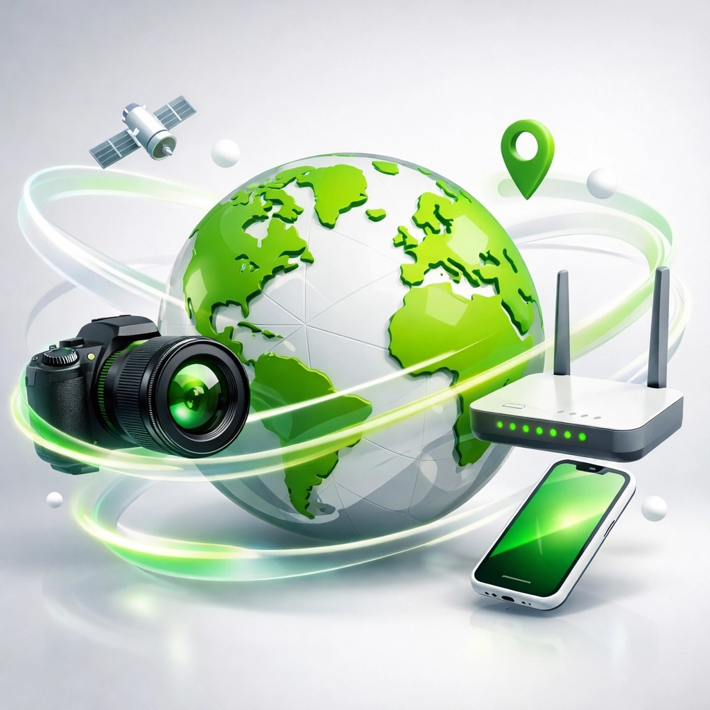 Global tech connectivity illustration featuring hardware and cameras for professional IT collaboration.