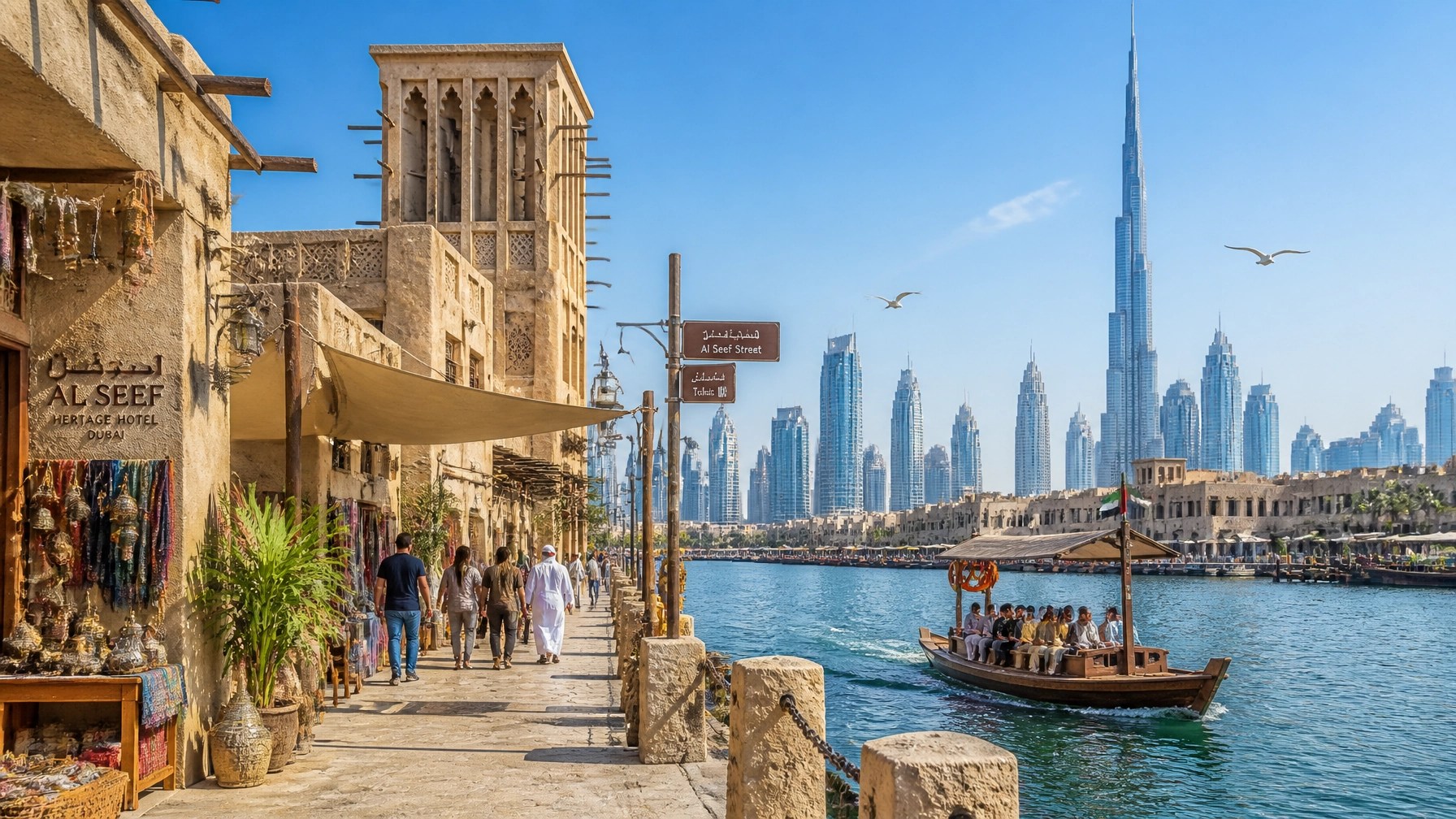 Bright daytime heritage-inspired creekside street and waterfront scene in Old Dubai with refined resort character and cultural detail