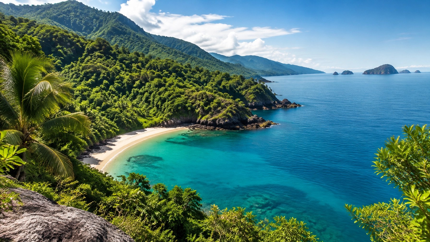 Secluded Pacific cove near Puerto Vallarta, backed by green hills and jungle-covered mountains