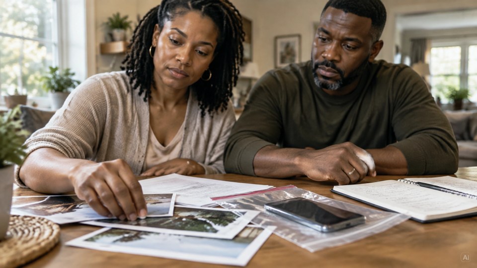 Black family organizing phone records and a timeline while seeking answers in a home setting