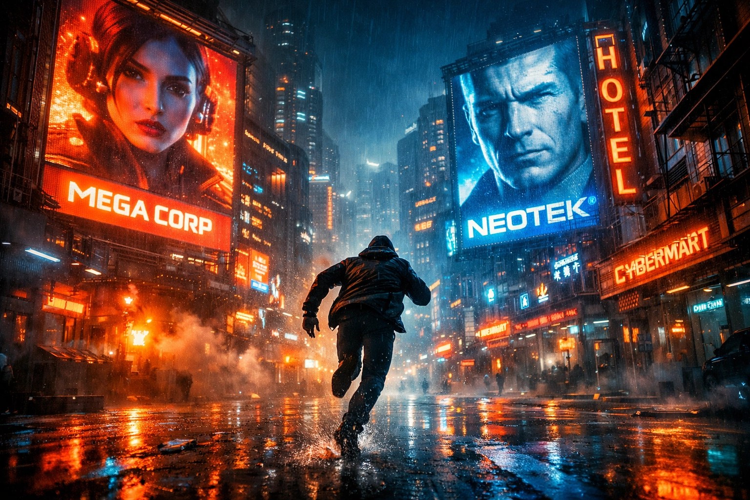 Dystopian cityscape from Edgar Wright's The Running Man remake with neon-lit surveillance state