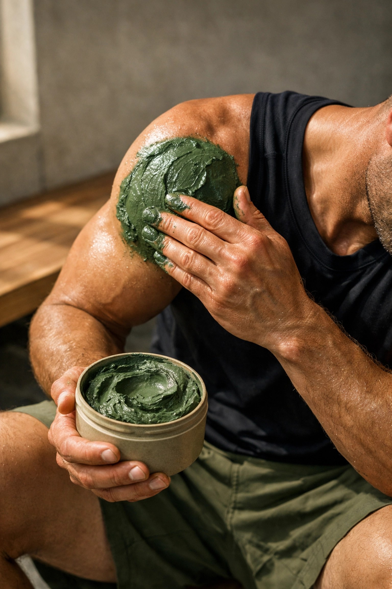 Athlete applying green healing clay for sports recovery and muscle inflammation relief.