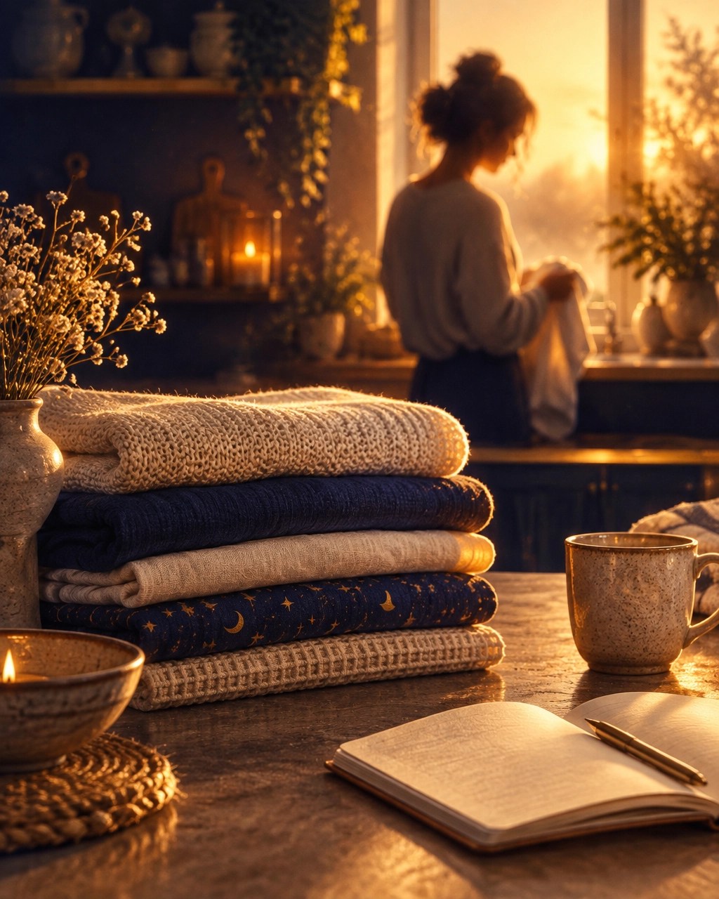 A stack of folded washing beside an open notebook and pen on a kitchen bench