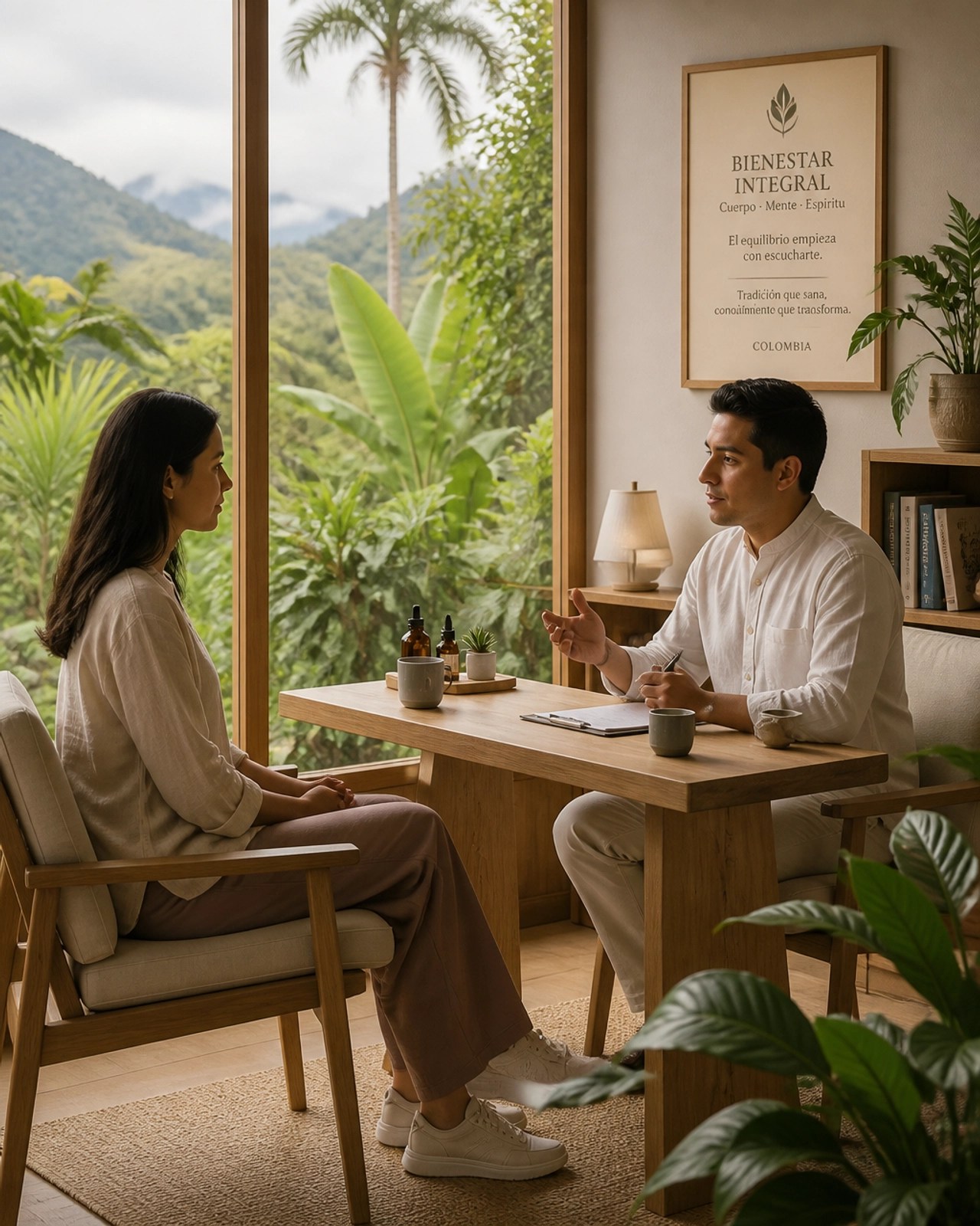 Escena profesional de una consulta terapéutica ayurvédica en un entorno de bienestar natural
