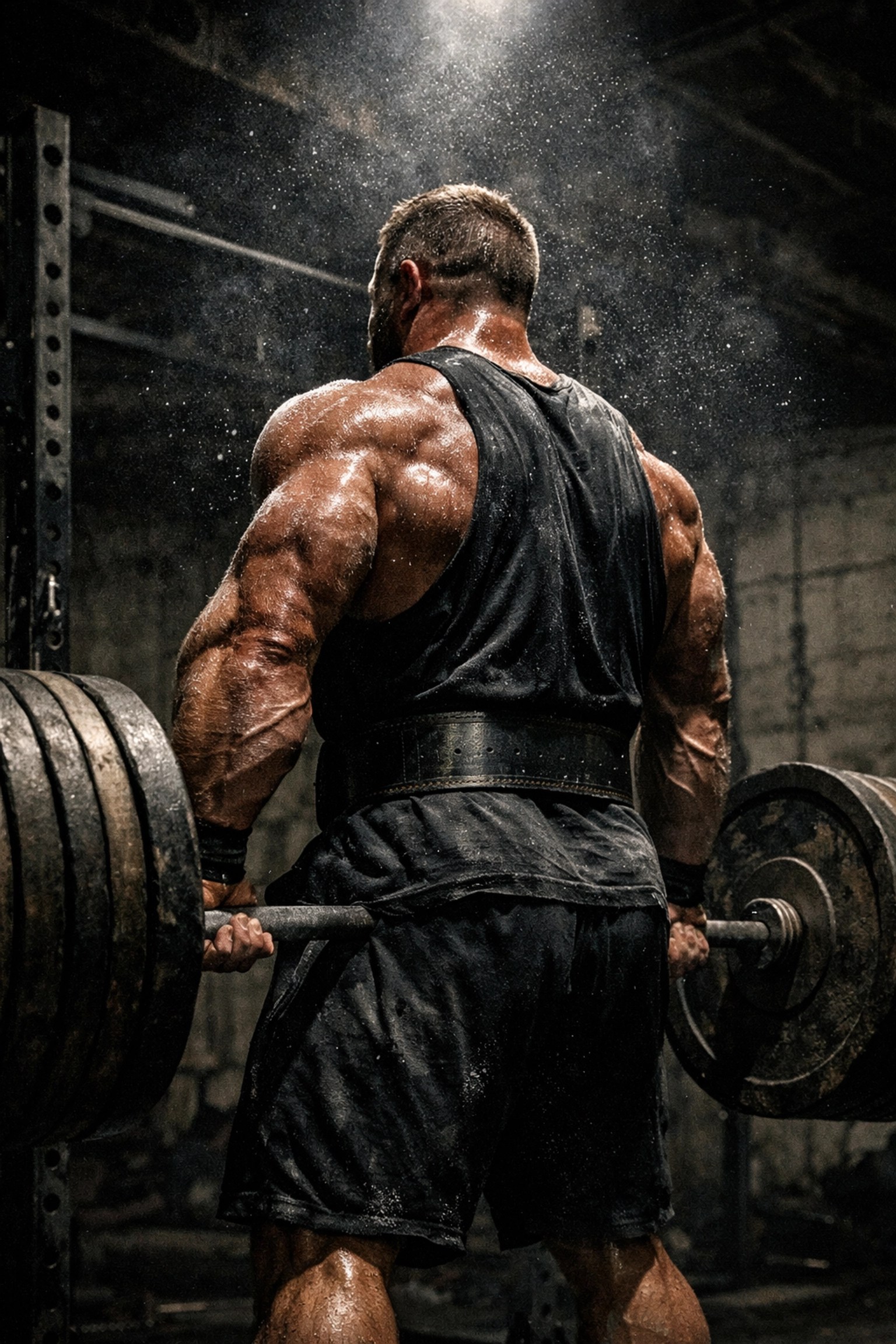 Heavy rack pull lockout showing massive upper back and trap muscle development in a warehouse gym.