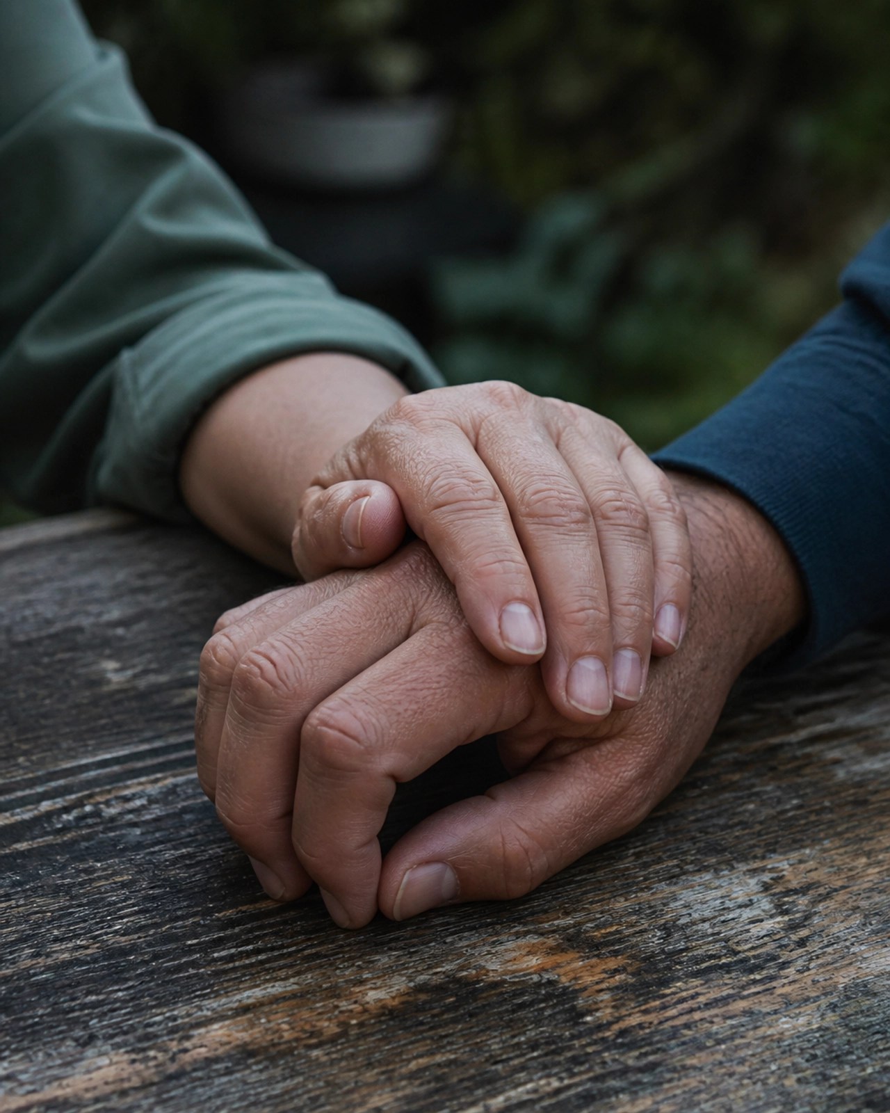 Two hands resting on a weathered wooden table outdoors, one hand gently placed over the other in a gesture of support.