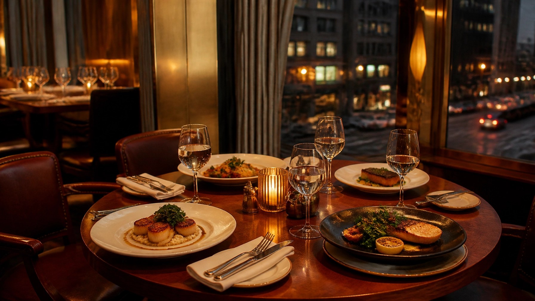 Elegant restaurant table setting in a warm Hell’s Kitchen dining room