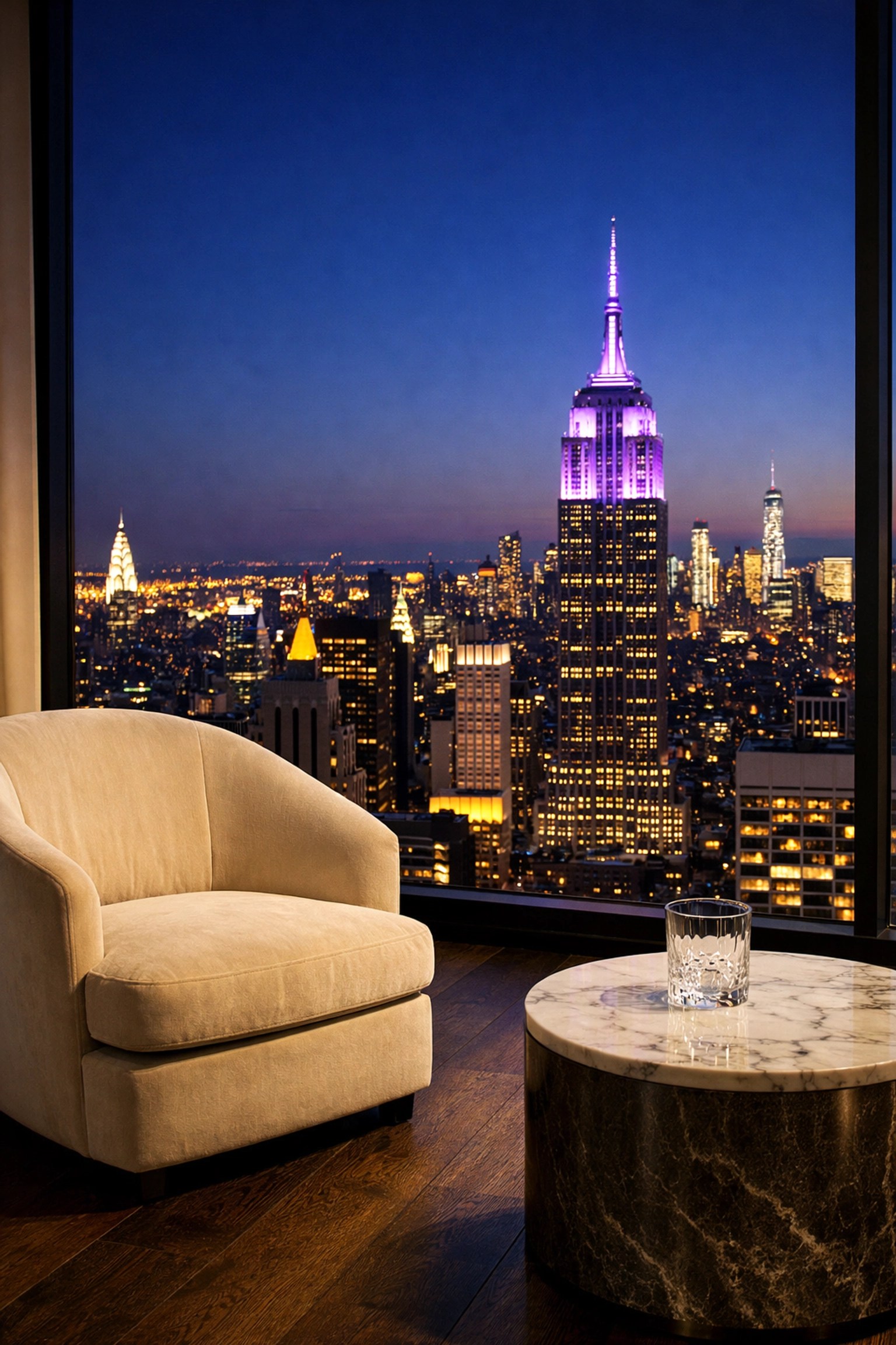 Luxury New York City hotel suite with floor-to-ceiling windows showing the Empire State Building at night.