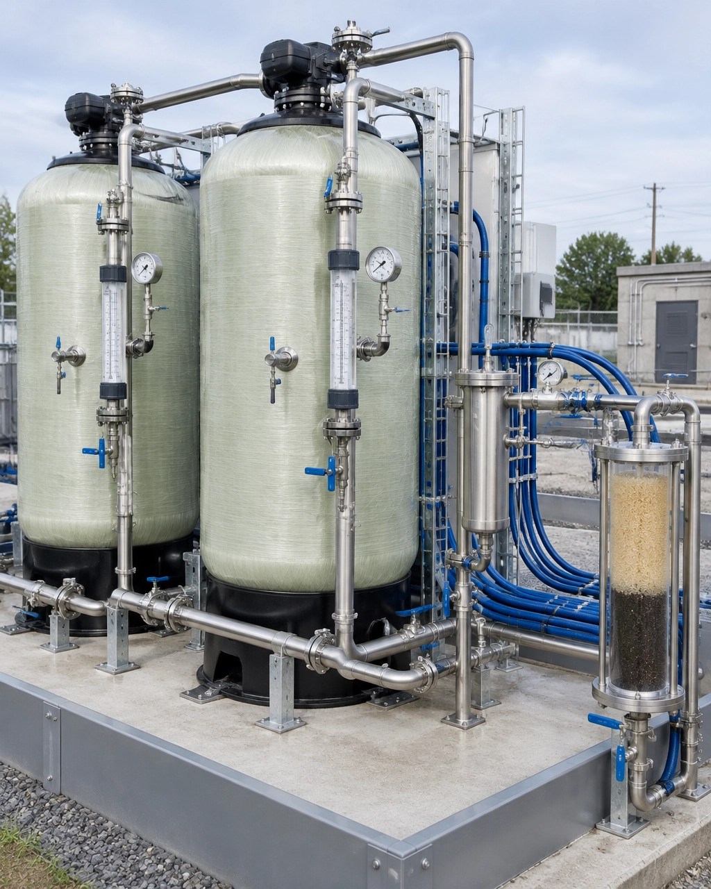 Ion exchange resin vessels, process piping, gauges, and sample ports at a PFAS groundwater treatment system