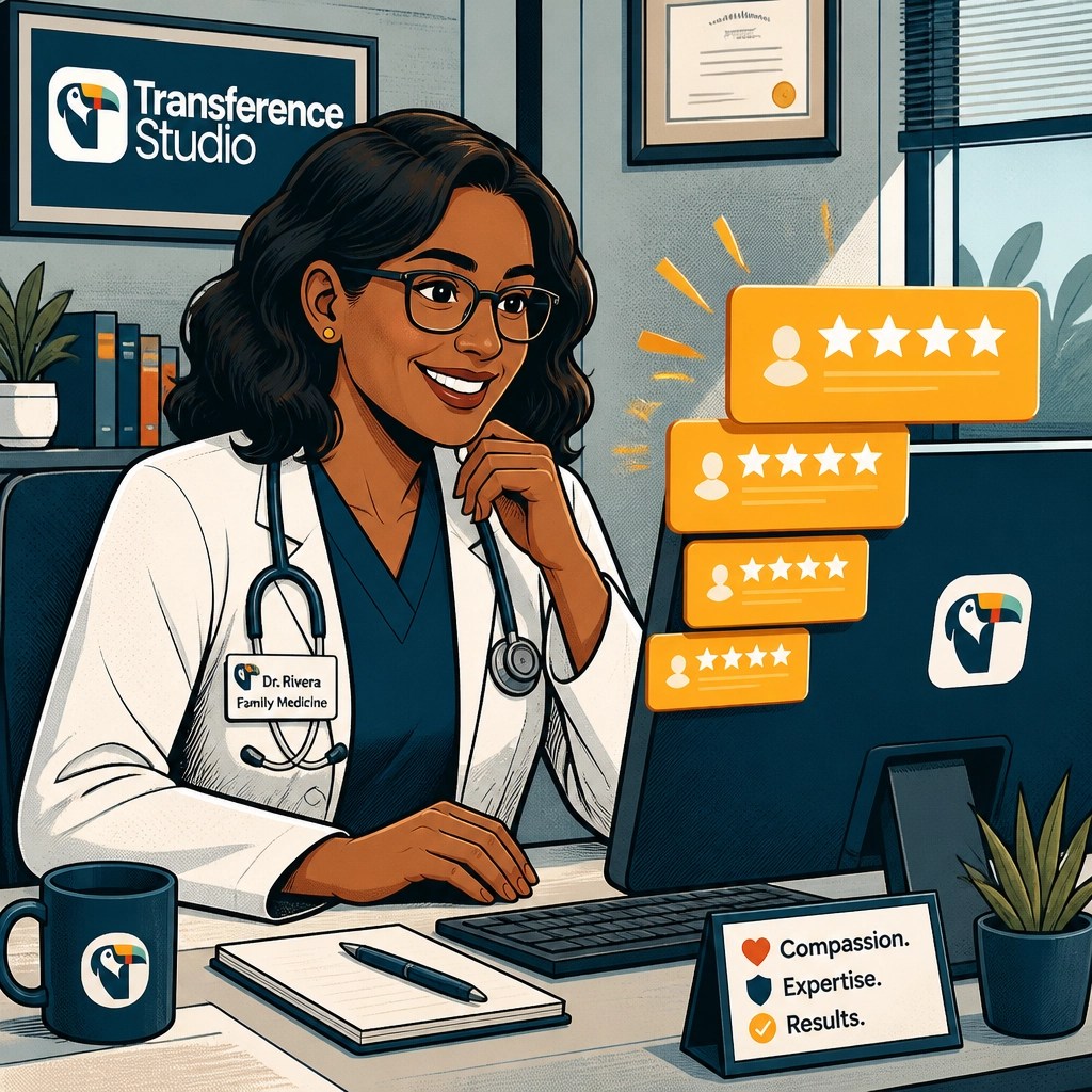 Healthcare provider reviewing positive Google review notifications on a computer screen, representing a well-managed online reputation for a medical or dental practice.