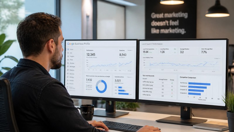 A marketing specialist analyzing Google Business Profile metrics and local search optimization data on dual computer monitors