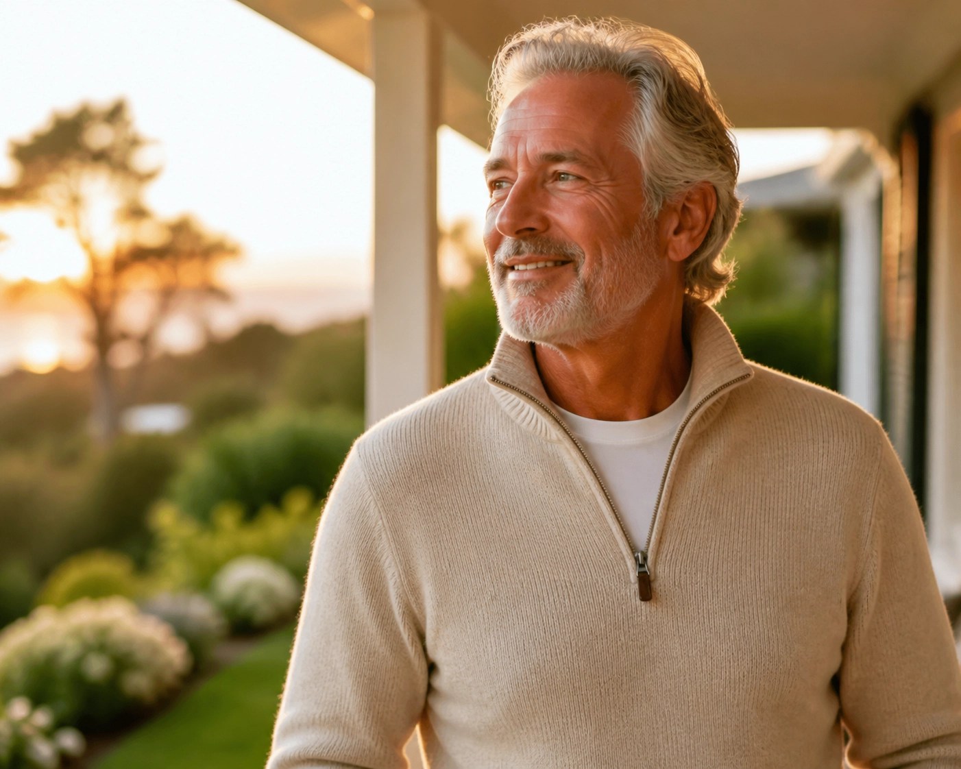 An optimistic senior man planning his Medicare enrollment eligibility on a sunny porch.