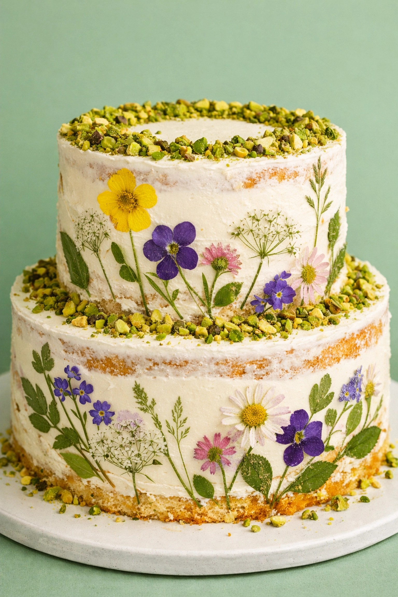 A trendy semi-naked wedding cake decorated with pistachios and delicate wildflowers for 2026.