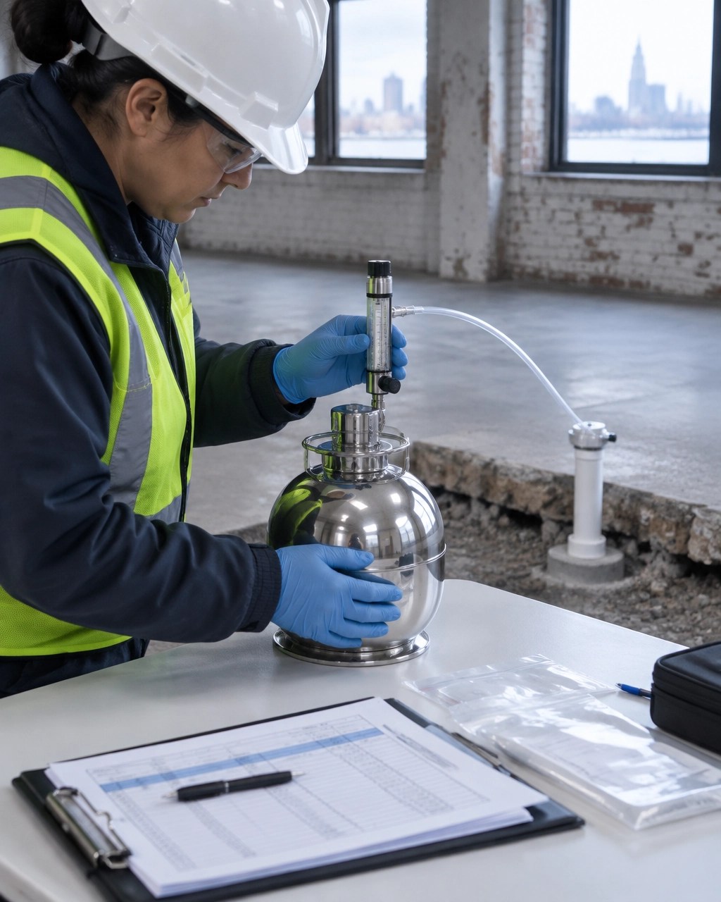 Field engineer placing an indoor air sampling canister inside an urban New Jersey commercial building near a discreet sub-slab sampling point