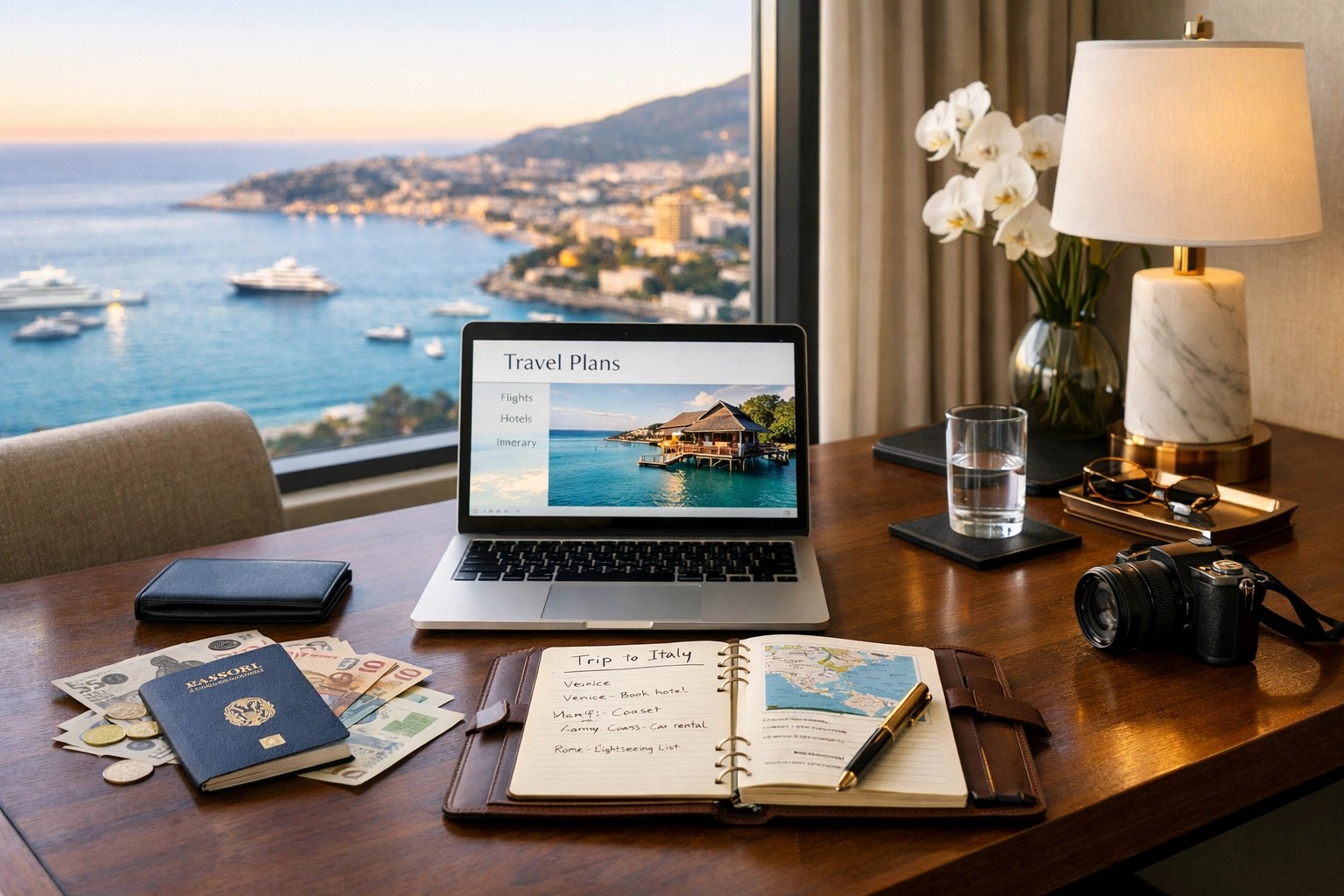 Professional desk scene featuring travel planning elements and a laptop