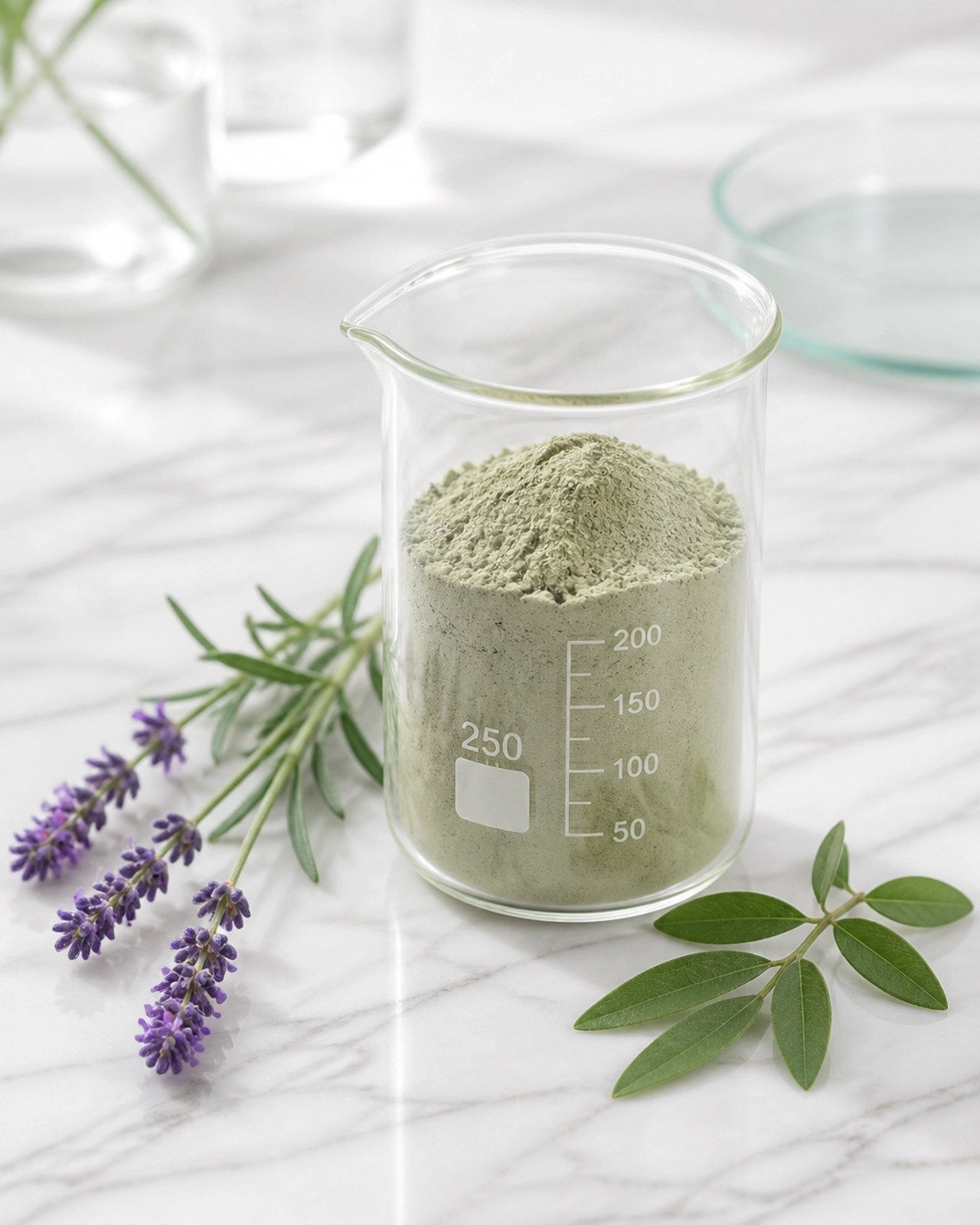 Natural clay powder and lab beaker