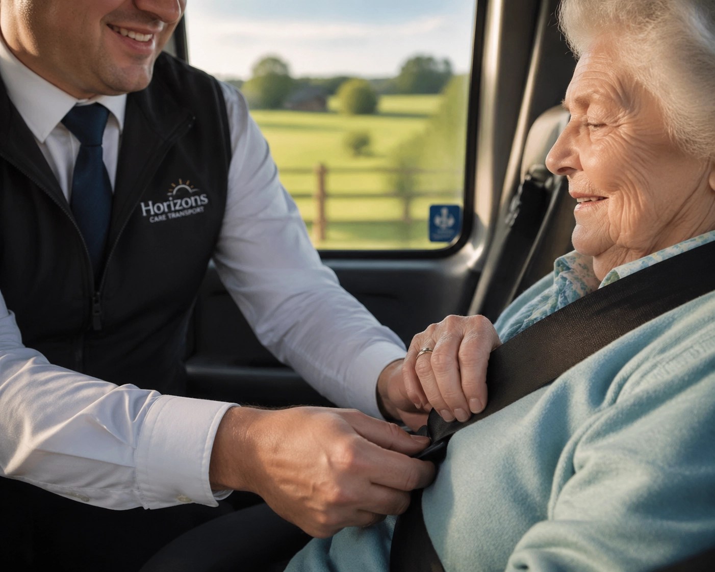 Professional NEMT driver assisting an elderly passenger in a safe, specialized medical transport vehicle.