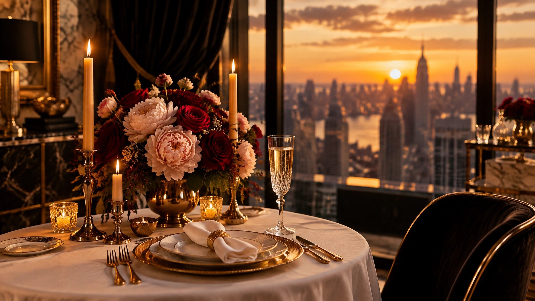 Golden-hour penthouse table set for one with champagne, candles and peonies, symbolizing radiant feminine energy, dating advice for women, and how to attract your soulmate