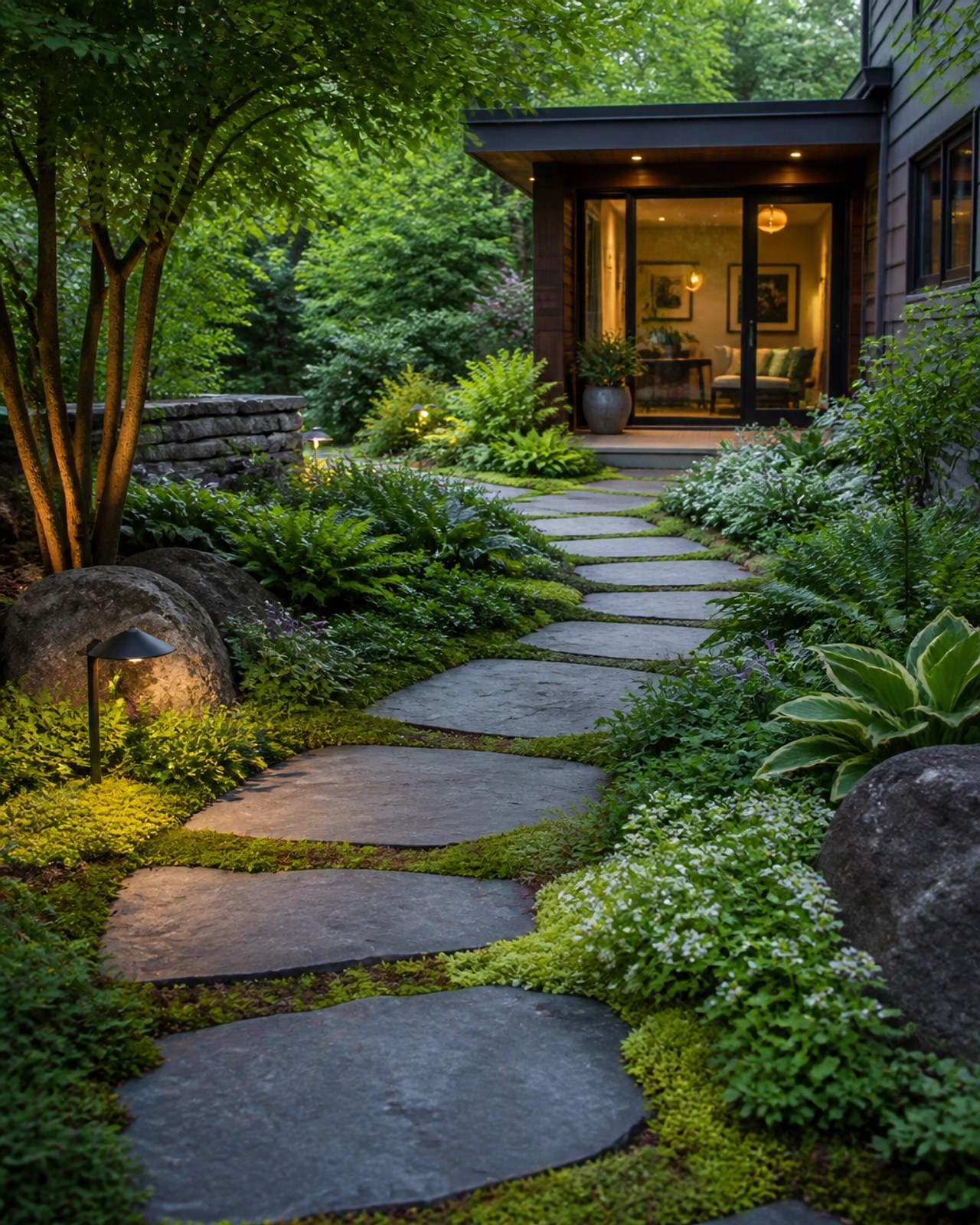 A winding garden path made of natural slate stepping stones, interspersed with moss and low-growing groundcover. The path leads through a lush, green garden toward a modern home addition.
