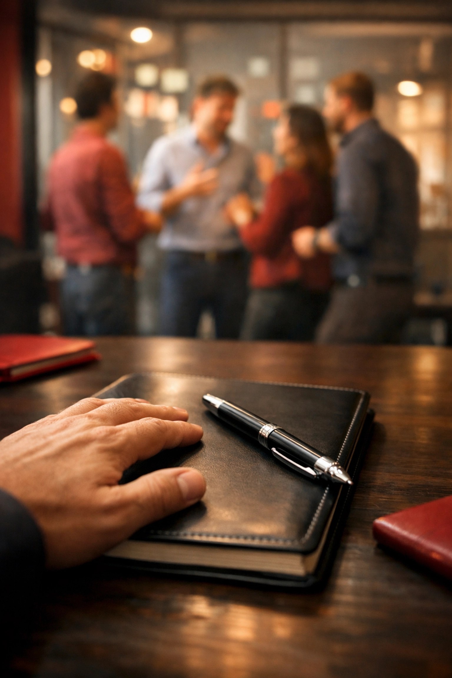 Close-up of a leader's notebook with a team huddle in the background, showing operational management in action.