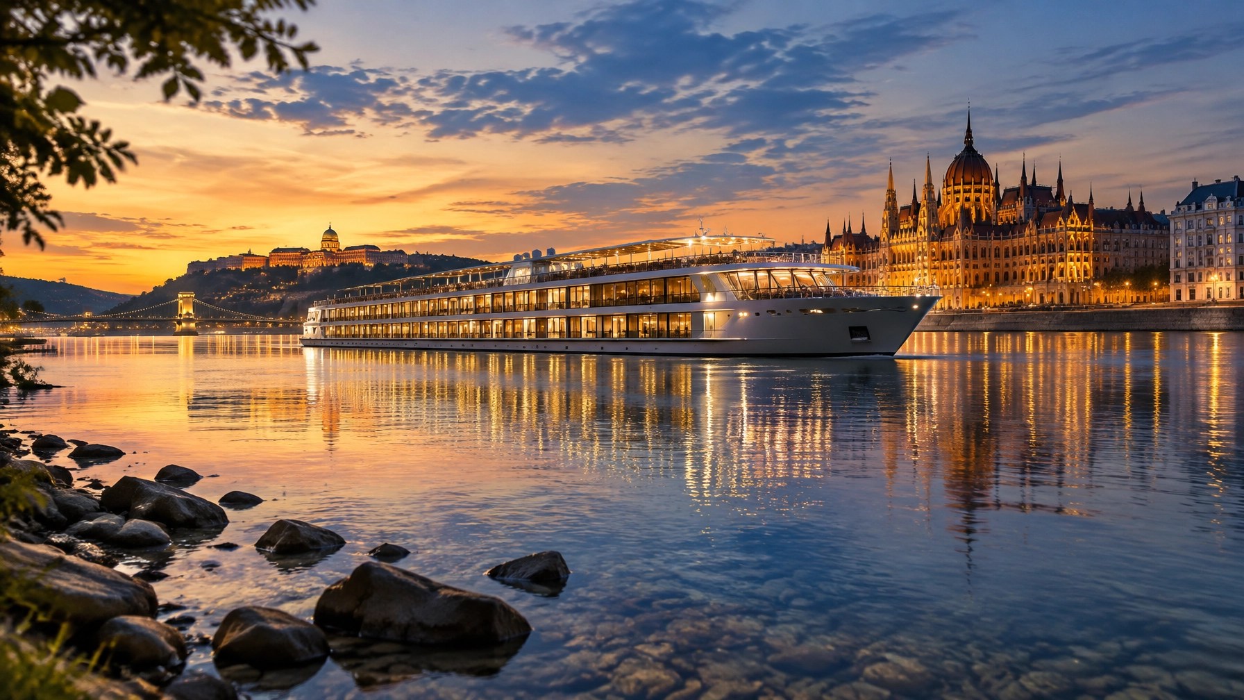 Elegant river cruise ship on the Danube with low water near the riverbank