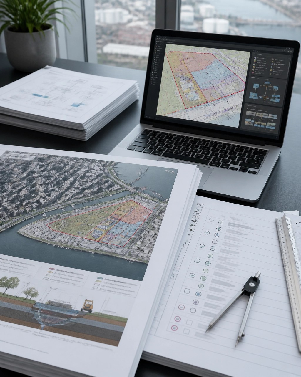 Technical redevelopment plan with GIS utility layers, site boundaries, and environmental review documentation