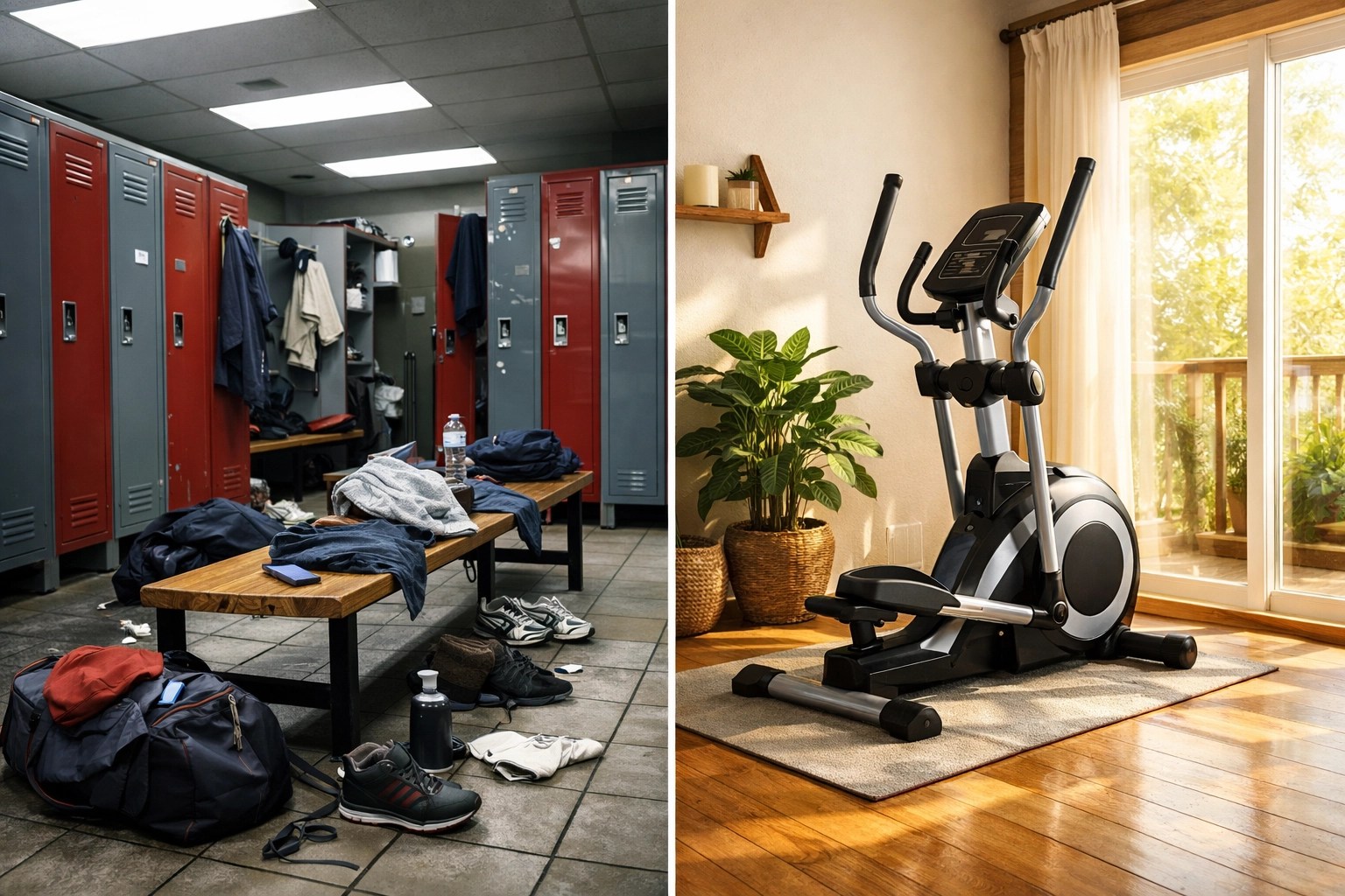 Comparison of crowded gym vs peaceful home fitness space with equipment