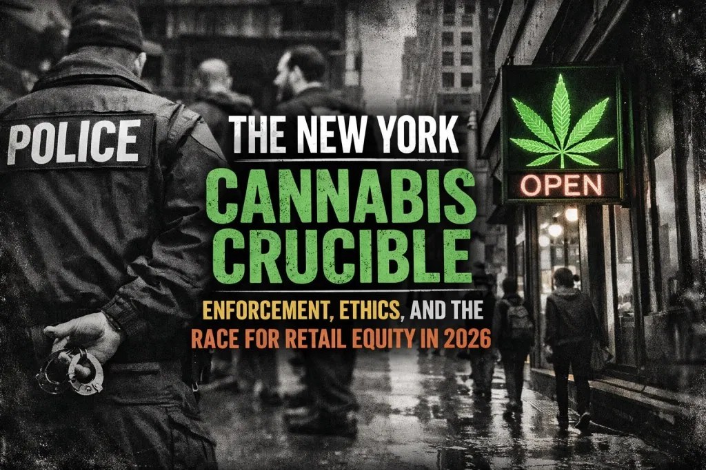Gritty black and white graphic showing a police officer and a glowing cannabis neon sign