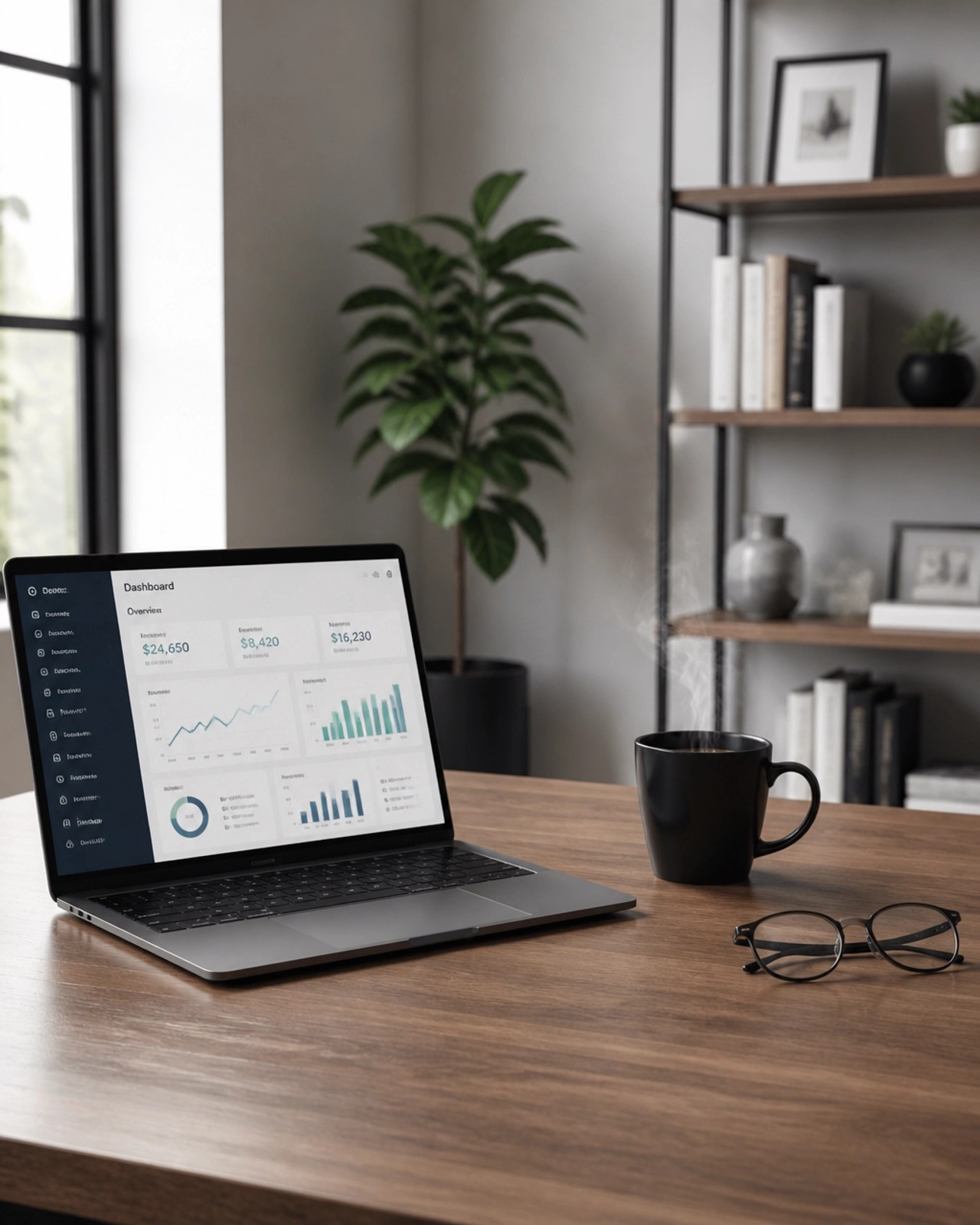 A minimalist home office with a laptop displaying a financial dashboard, symbolizing the clarity and control achieved through strategic debt consolidation.