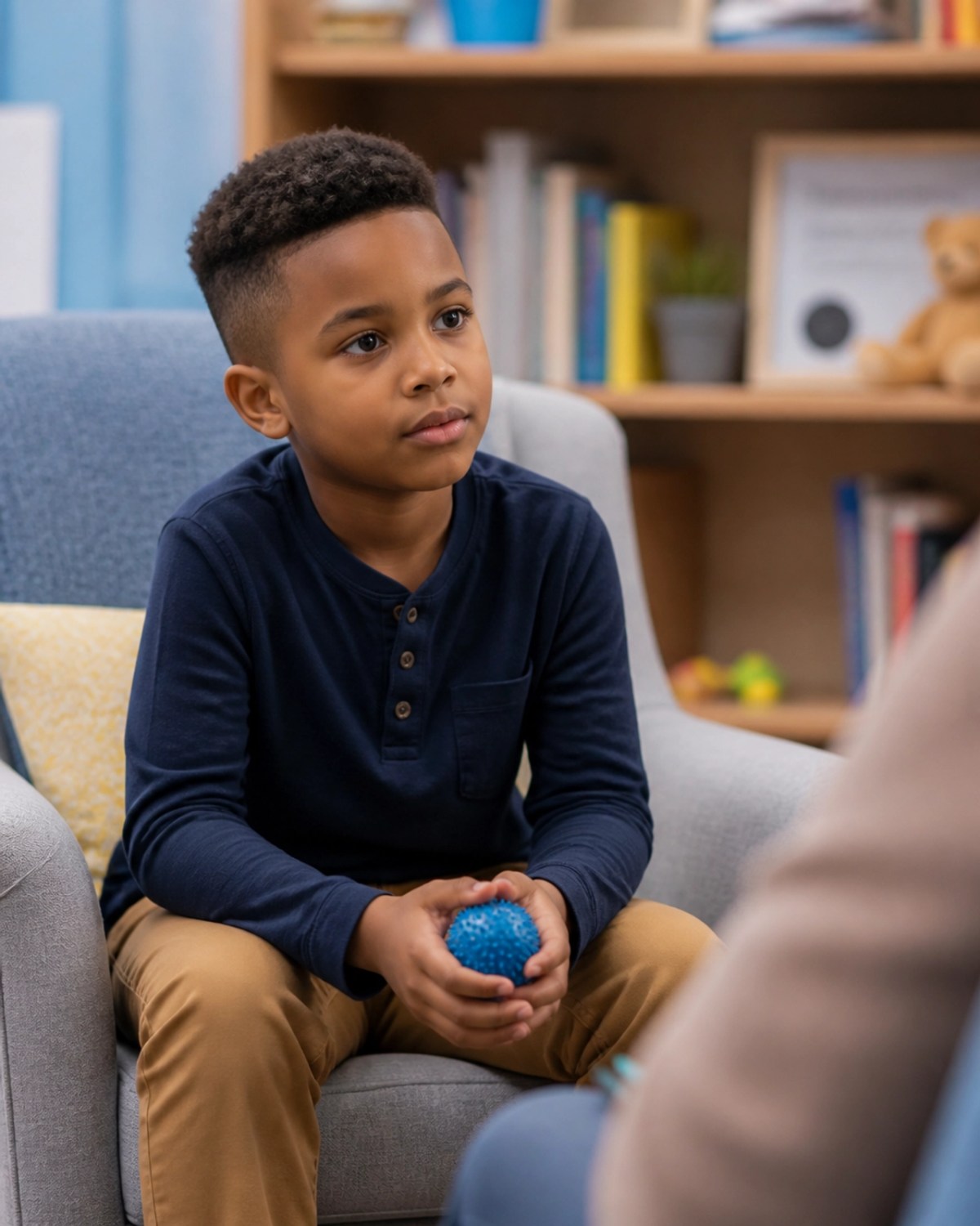 A young Black boy sitting in a cozy therapy room, looking thoughtful and calm in a peaceful environment.