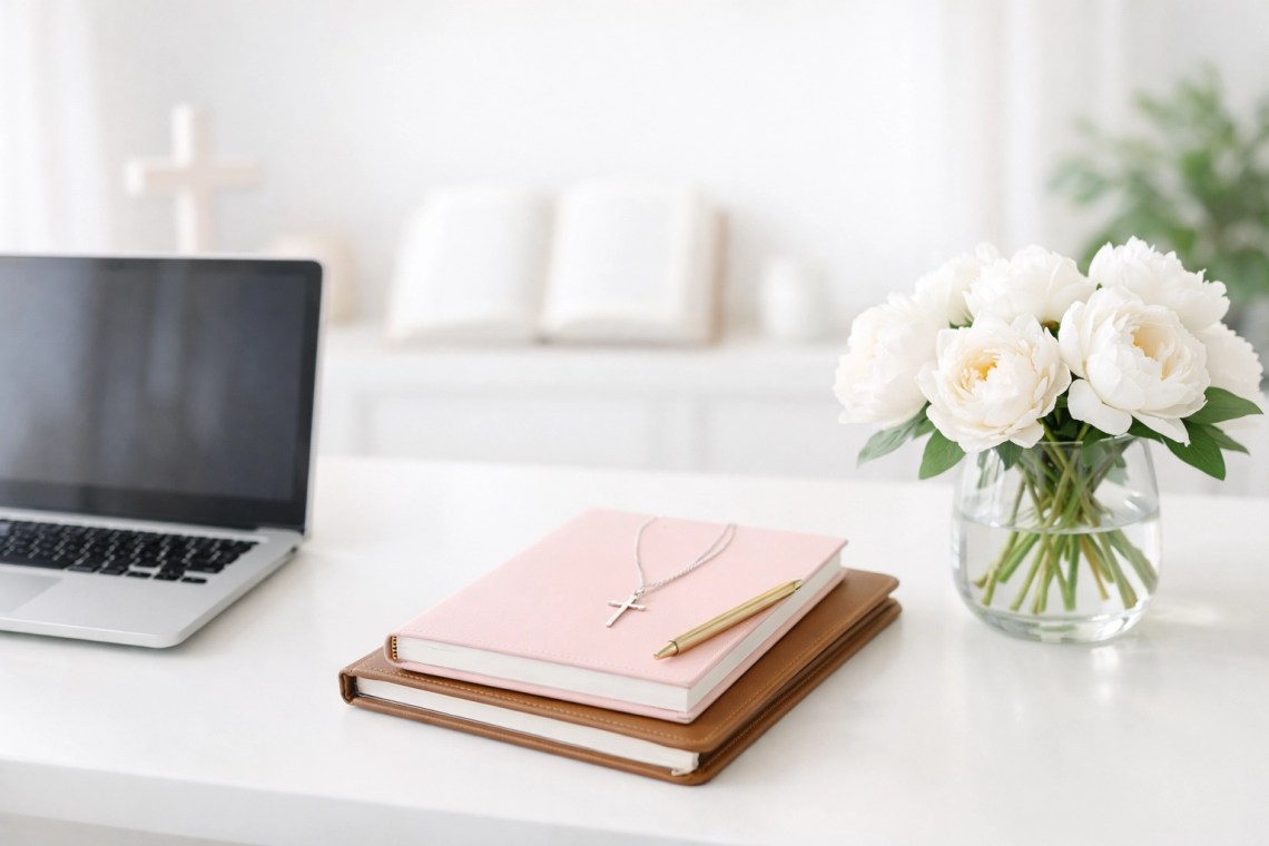 Day 2: #75DayHolyGirl Movement – Redefining Holy as the New Hard 9 A sophisticated workspace with a laptop and floral stationery, representing a faith-based Plan and Prosper lifestyle.