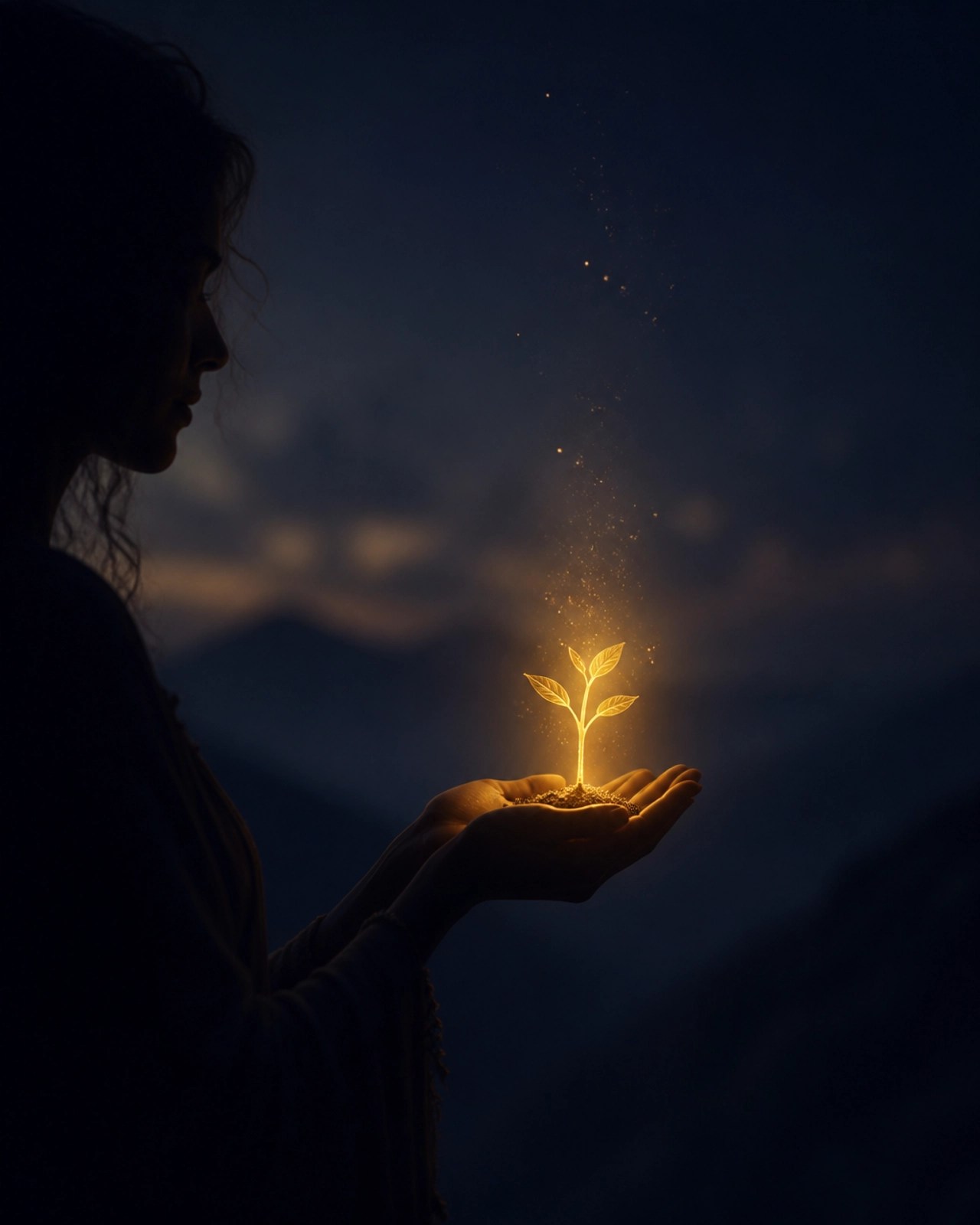 A small, glowing golden seedling growing from a silhouette of a woman's hands against a soft, dark indigo background.