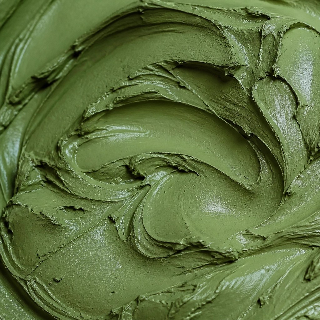 A close-up shot of rich, moist, vibrant French green clay texture.