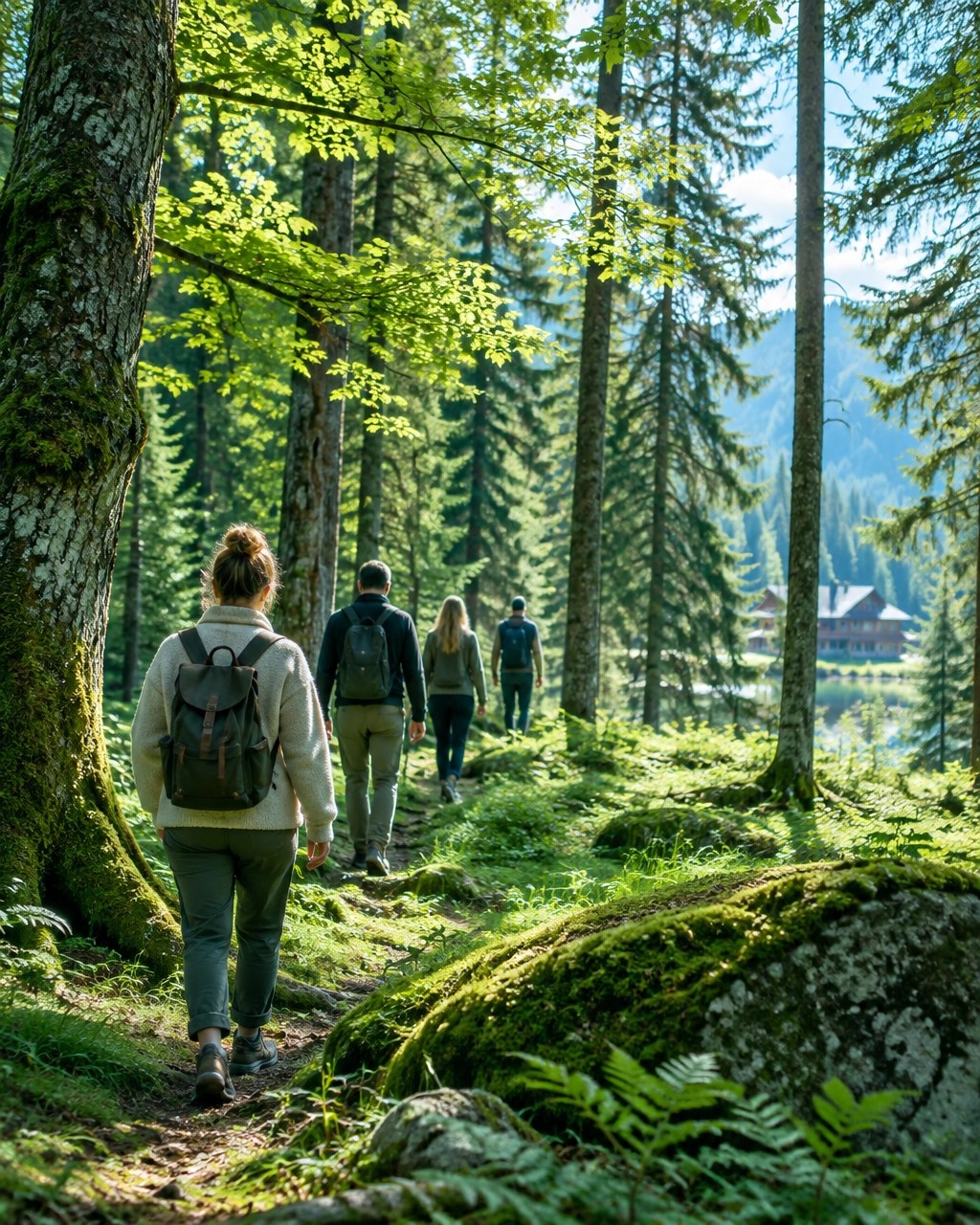 Small adult group walking slowly through a sunlit European forest