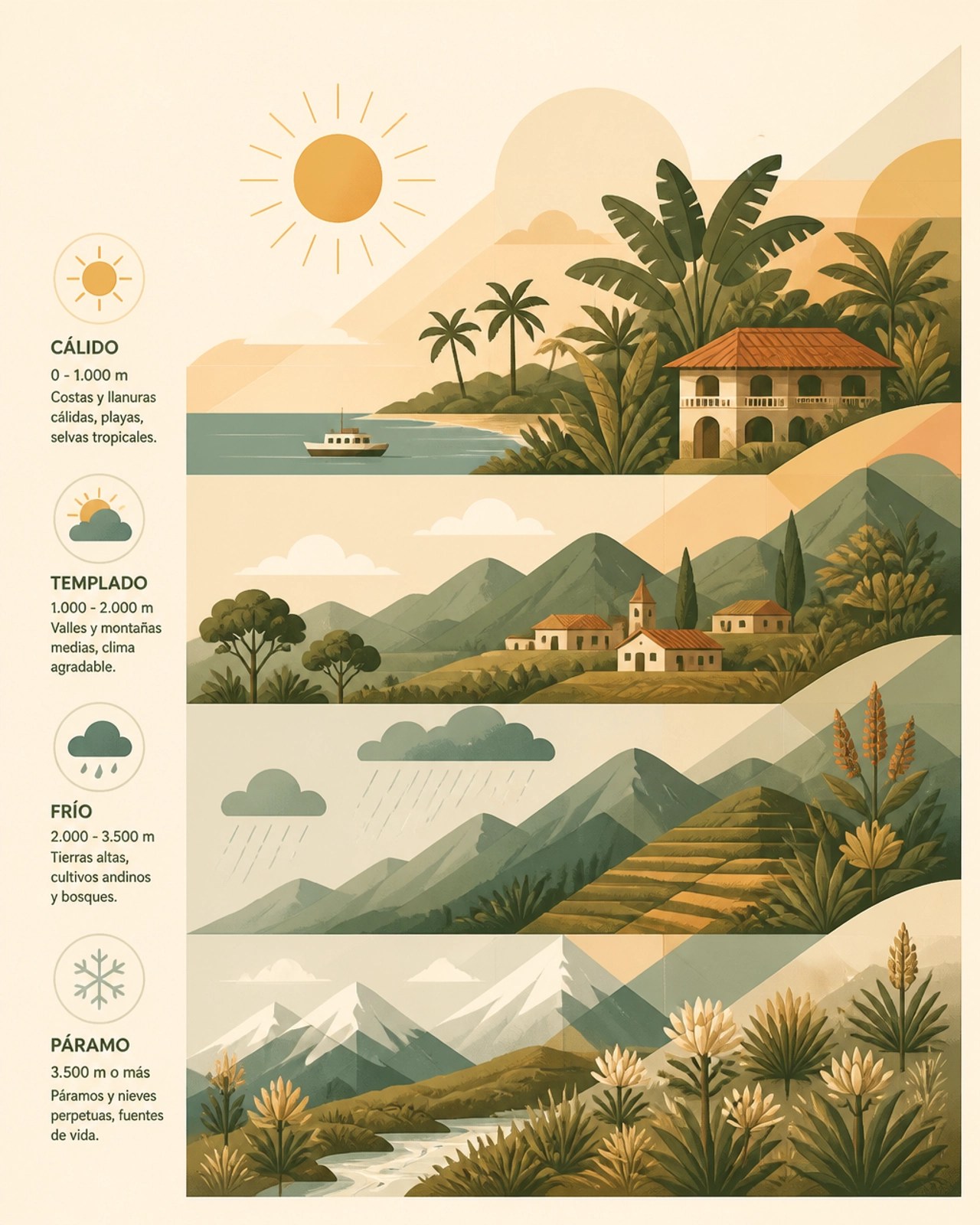 Ilustración digital de los diversos pisos térmicos de Colombia y su relación con el equilibrio de los Doshas