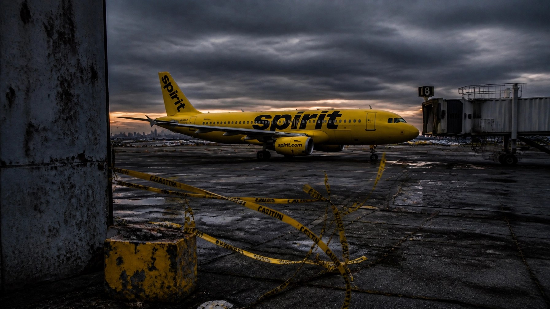 Grounded Spirit Airlines plane on a desolate airport tarmac with a raw, gritty terminal atmosphere.