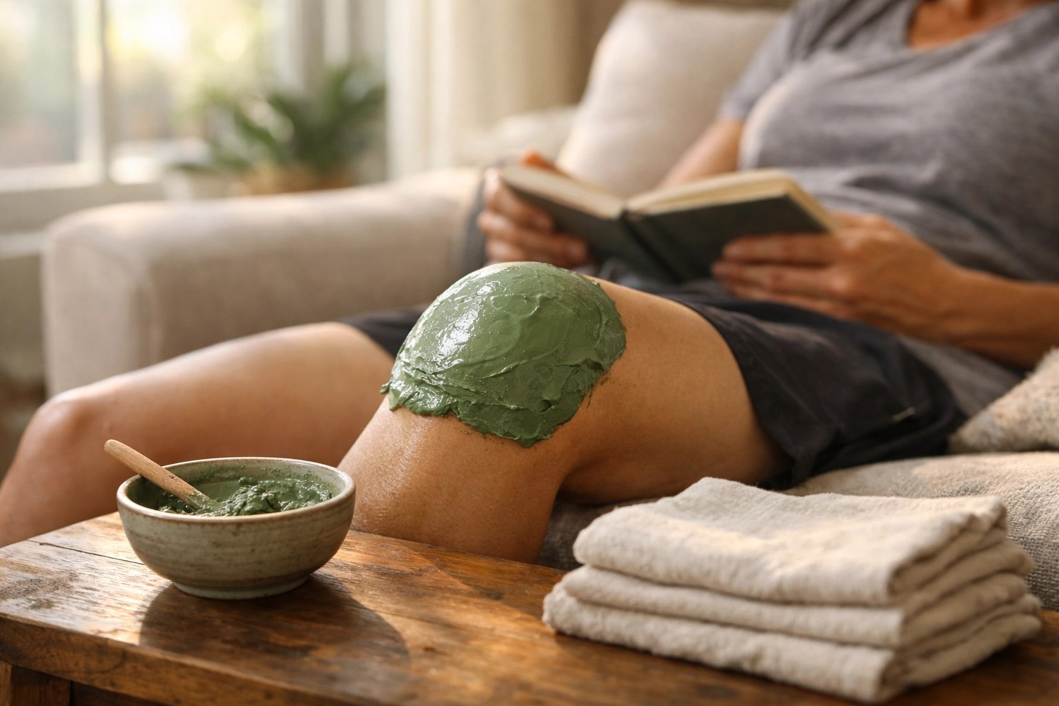 Applying a green clay poultice to a knee to reduce swelling and manage joint pain naturally.
