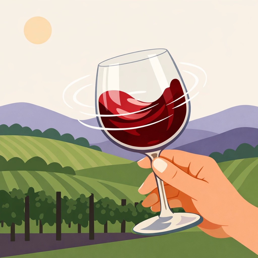 Hand swirling a glass of red wine during a Northern Virginia wine tour tasting.